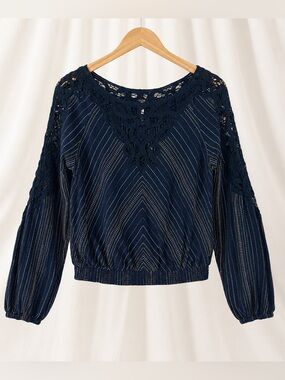 Free People Navy Crochet Lace Striped Boho Blouse Long Sleeve Size M